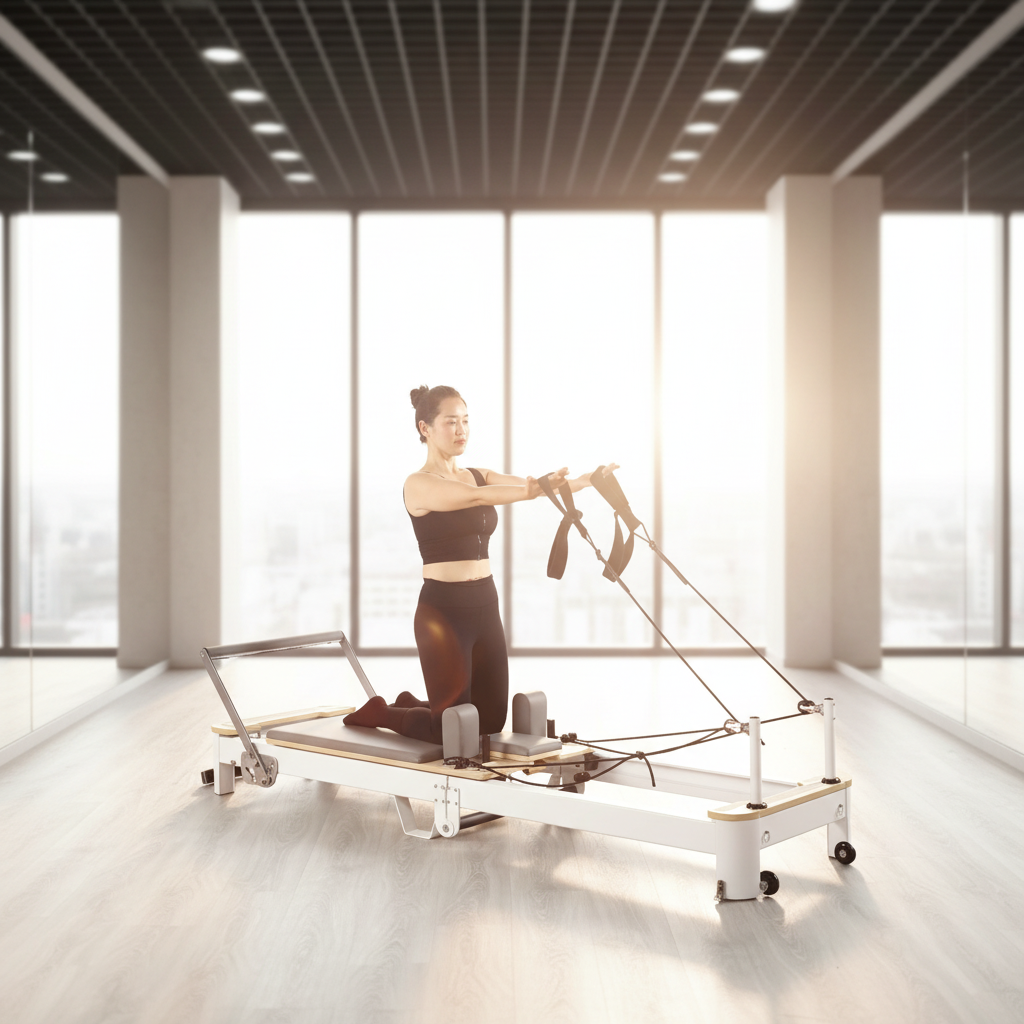 Pilates & Yoga With Harna - Oak Pilates Reformer, White Aluminum Foldable,